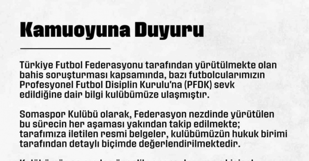 Somaspor’dan, PFDK’ya sevk edilen futbolcularıyla ilgili açıklama